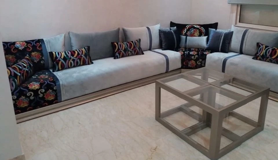 Salon marocain moderne bleu et gris pas cher